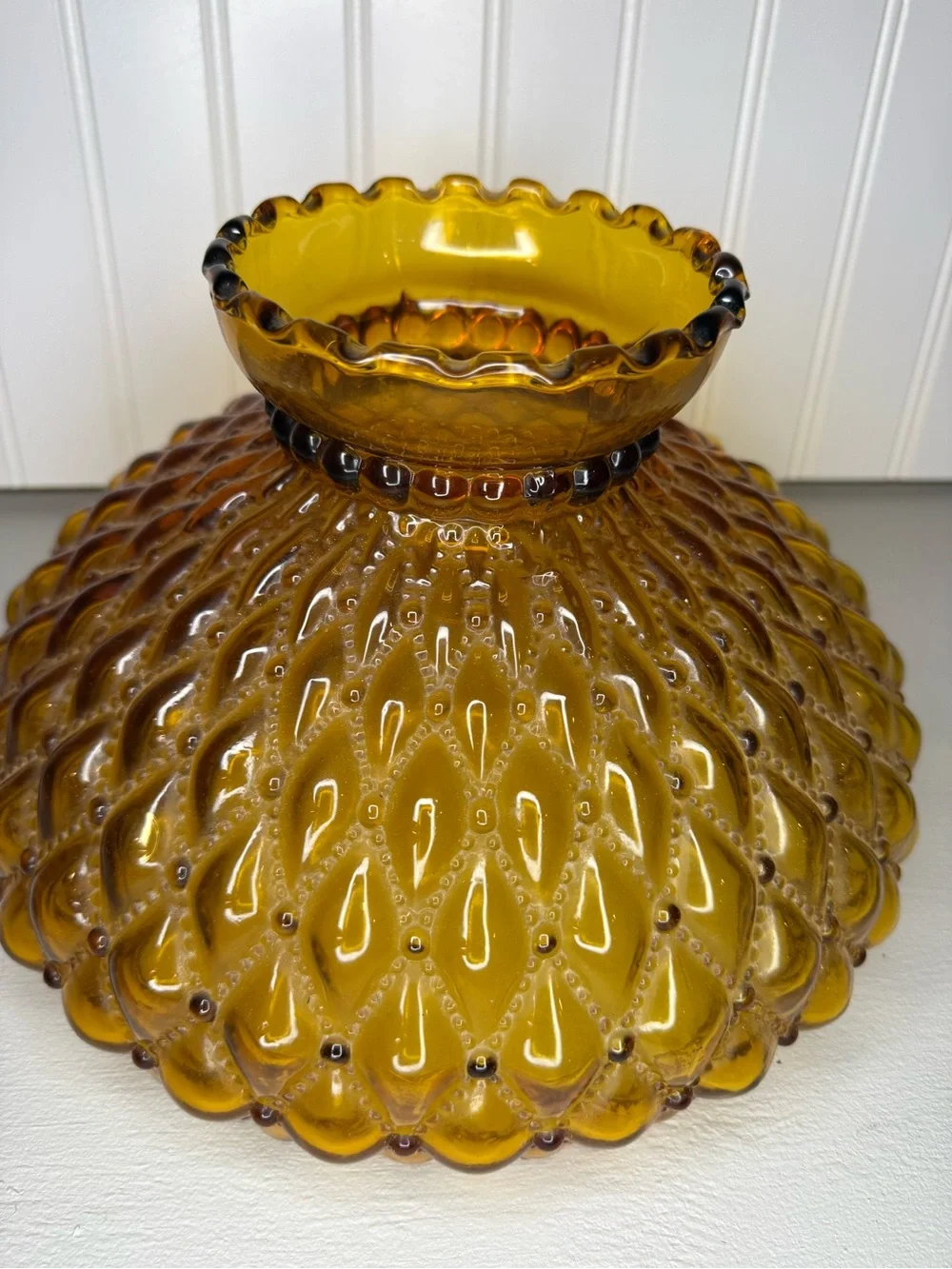 VTG Large 10” Fitter Amber Glass Hurricane Lamp Shade Diamond Quilted Ruffle